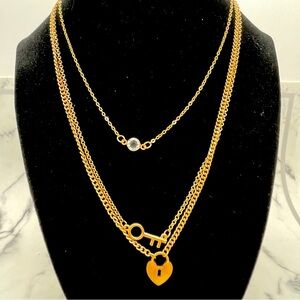 New Pomina Necklace Set 3 Gold Tone Chain For Layering Lock Key
